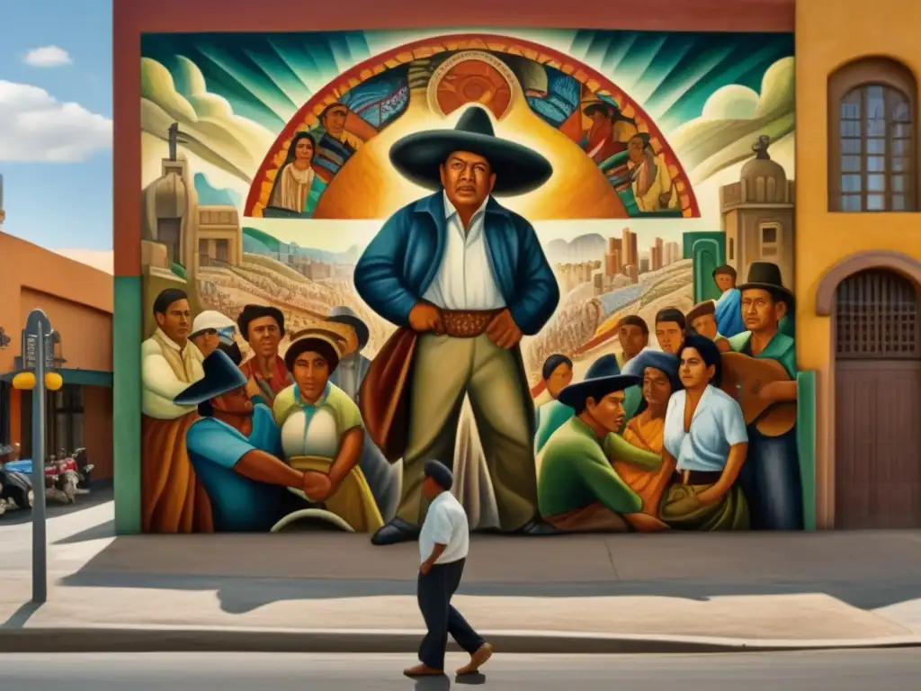 Detalle vibrante del mural de Diego Rivera 'El Hombre en la Encrucijada', capturando la identidad mexicana en un laberinto de soledad