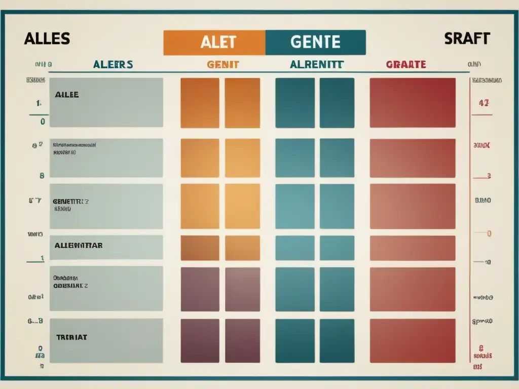 Un diagrama de cuadrado de Punnett con colores vibrantes y anotaciones claras que representan patrones de herencia y transmisión de rasgos genéticos