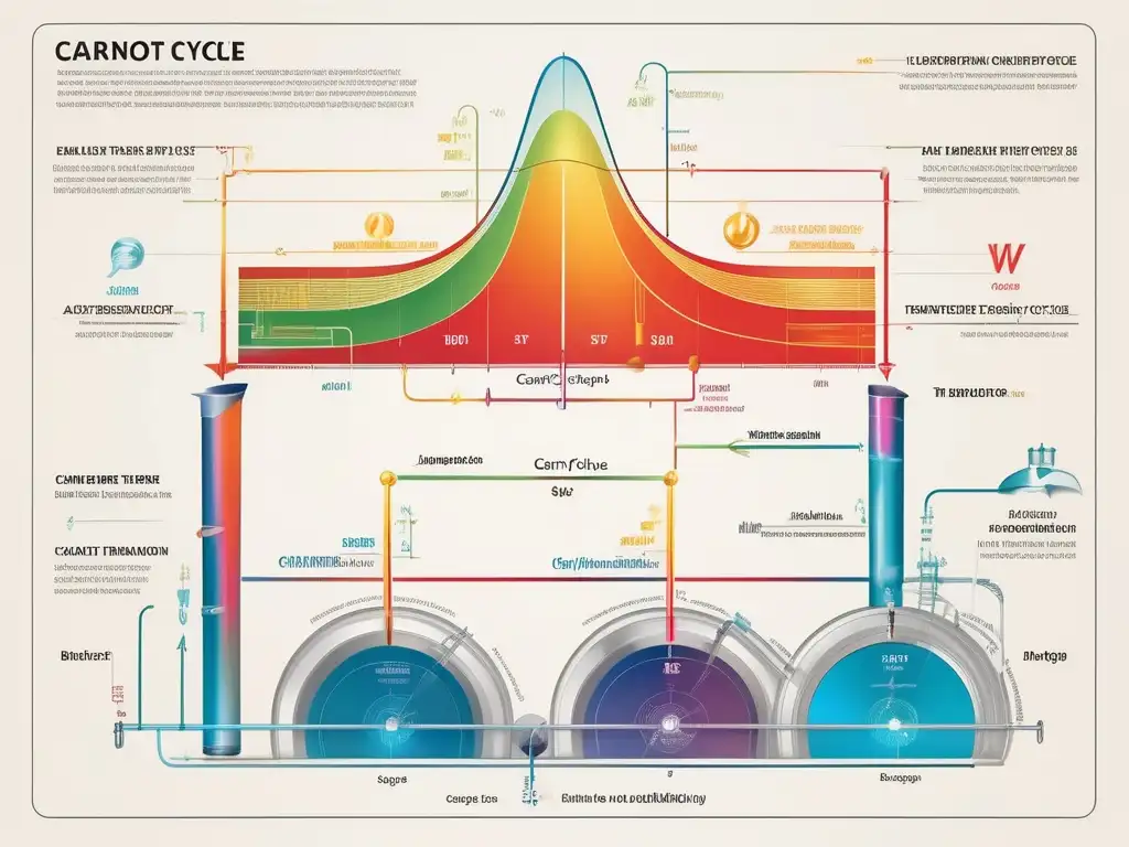 Un diagrama detallado del ciclo de Carnot en colores vibrantes y líneas precisas, ilustrando la importancia en motores térmicos eficientes