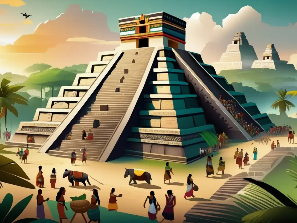 Una ilustración digital de una bulliciosa ciudad maya con templos esculpidos, mercados vibrantes y gente realizando actividades comerciales, agrícolas y ceremoniales