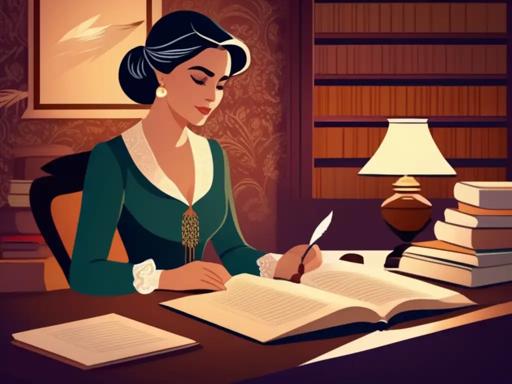 La ilustración digital muestra a una mujer en atuendo de la era Regencia, rodeada de libros y papeles, con una pluma en la mano