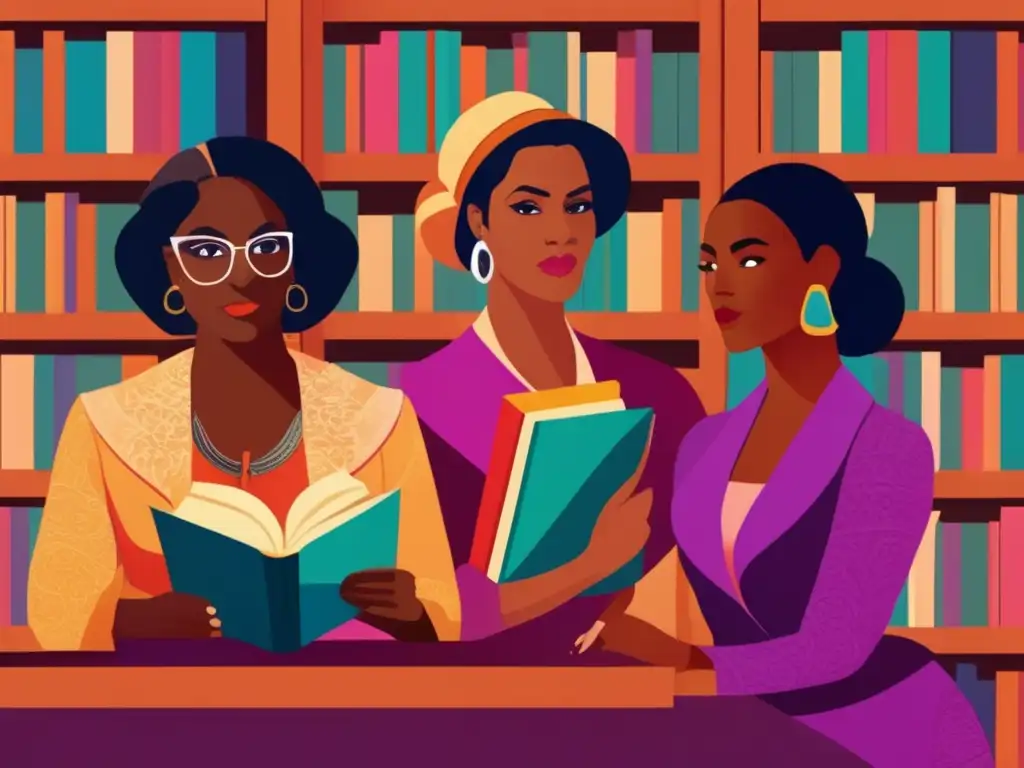 Un ilustración digital de mujeres autoras influyentes de diferentes épocas y culturas, reunidas en una biblioteca