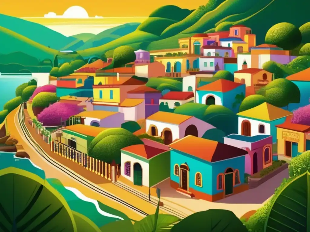 Una ilustración digital de alta resolución del pueblo ficticio de Macondo, con colores vibrantes, detalles arquitectónicos, exuberante vegetación y una atmósfera onírica que captura el realismo mágico de 'Cien años de soledad'