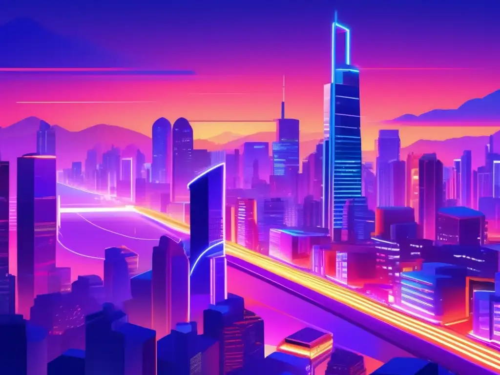 Una ilustración digital vibrante de una ciudad latinoamericana al atardecer, con rascacielos futuristas entrelazados con arquitectura colonial