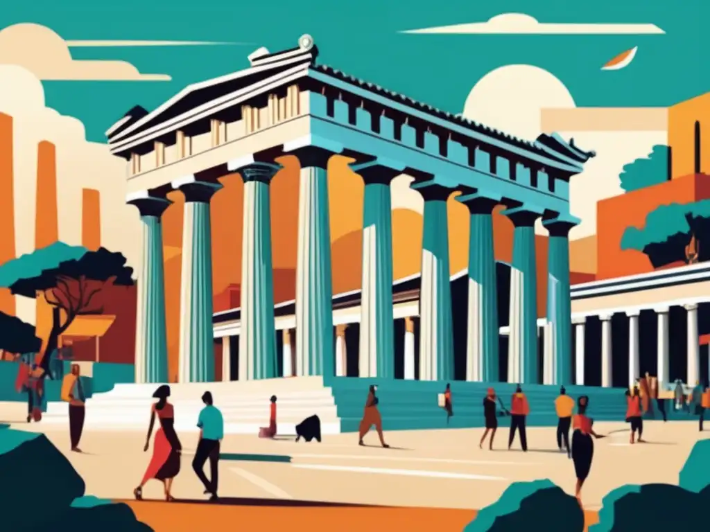 Una ilustración digital vibrante y moderna de la antigua Ágora en Atenas, Grecia, capturando la importancia de la filosofía en la Grecia clásica