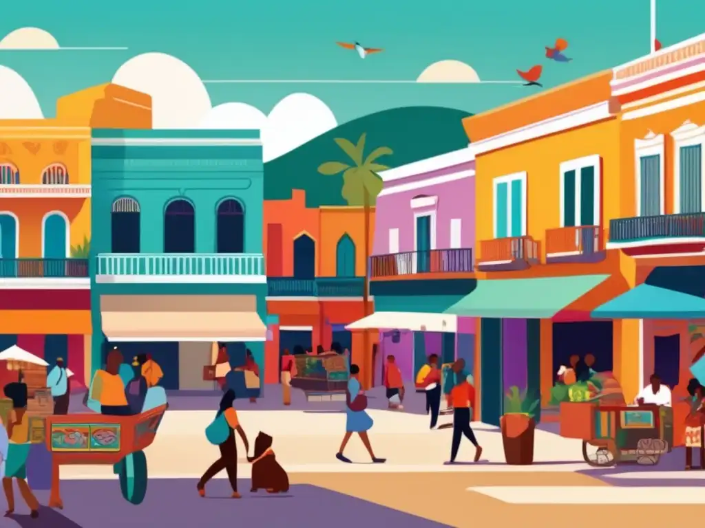 Una ilustración digital vibrante y moderna de una bulliciosa plaza en Macondo, llena de coloridos edificios, vendedores callejeros y elementos tradicionales y contemporáneos