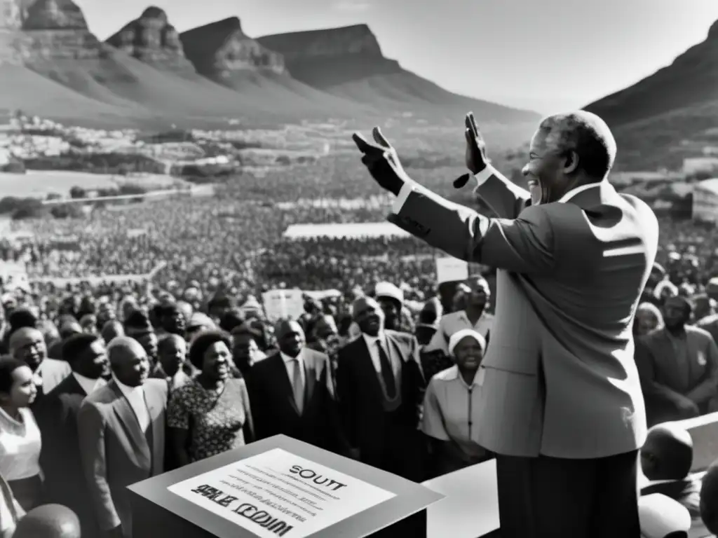 Nelson Mandela pronunciando un discurso poderoso mientras la multitud sostiene pancartas de igualdad y libertad