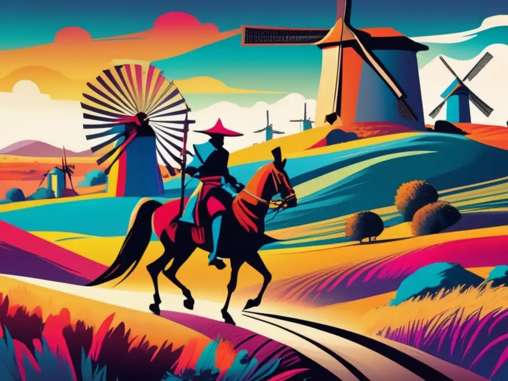 Don Quijote y Sancho Panza cabalgan en un paisaje vibrante y surrealista con molinos de viento distorsionados en el fondo