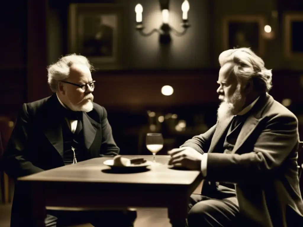 Dos dramaturgos históricos, Henrik Ibsen y August Strindberg, conversan apasionadamente en un íntimo café