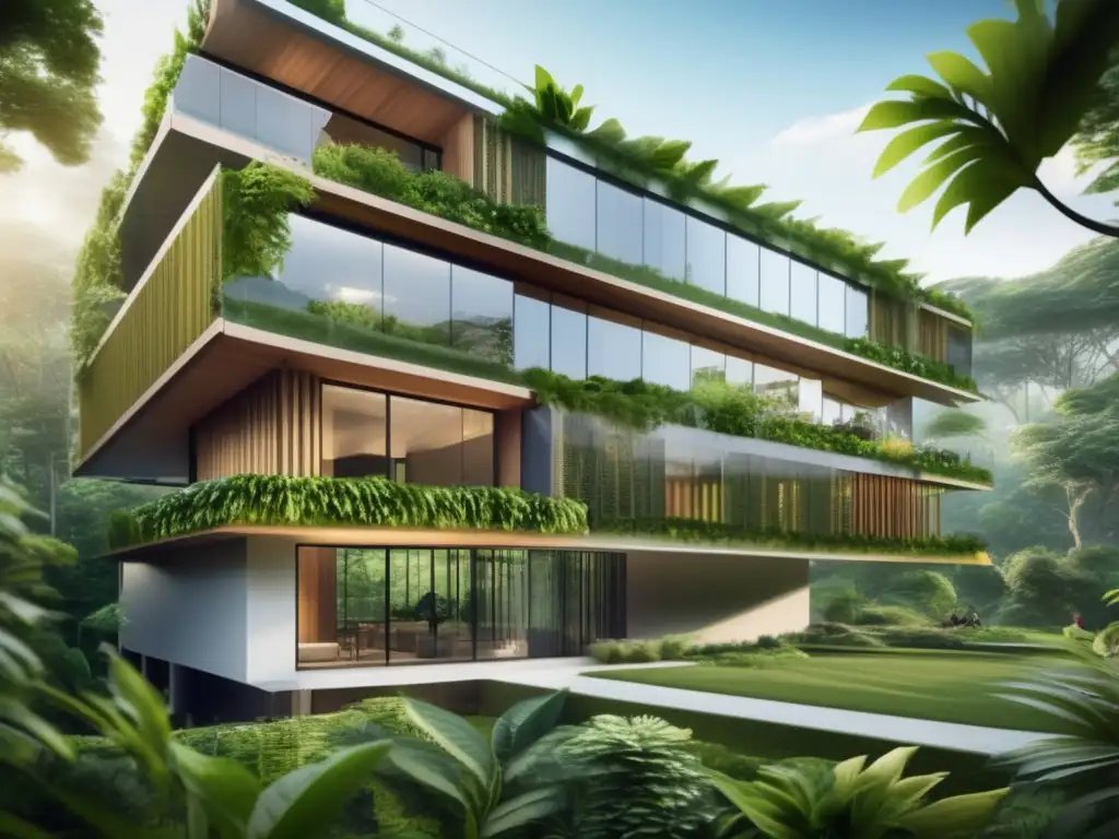 Un edificio moderno y sostenible se despliega entre exuberante vegetación, fusionando armoniosamente arquitectura y naturaleza