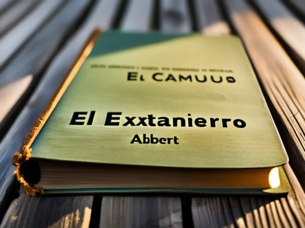 Un ejemplar desgastado de 'El Extranjero' de Albert Camus descansa sobre una superficie de madera, iluminado sutilmente