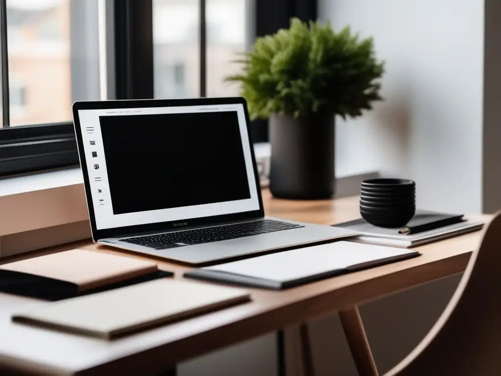 Un elegante espacio de trabajo en casa con una laptop moderna, artículos de papelería y libros autopublicados