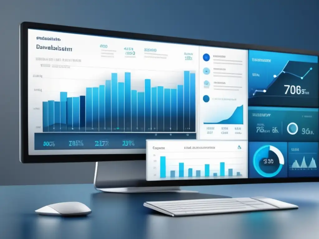 Un elegante panel de visualización de datos que muestra estadísticas y gráficos complejos en una interfaz moderna y futurista