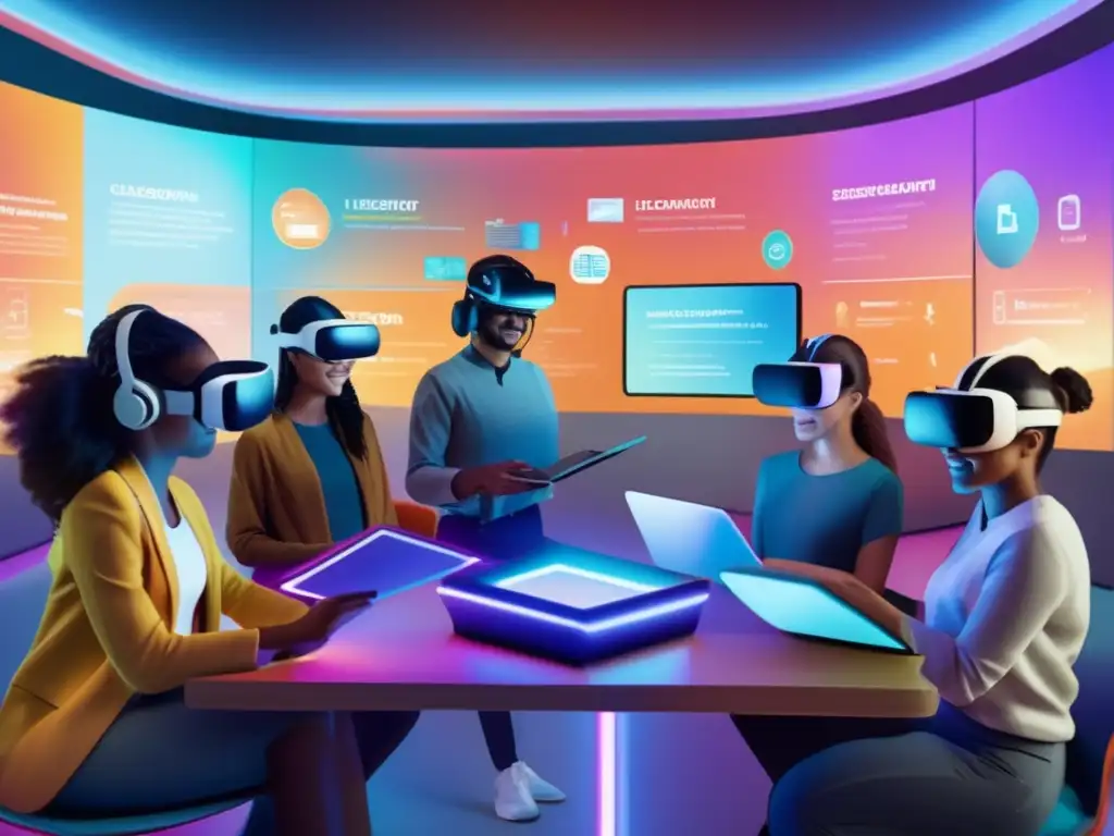 Revolution educativa: estudiantes colaboran en aula virtual futurista Un emocionante ambiente futurista muestra a estudiantes diversos participando activamente en una clase virtual