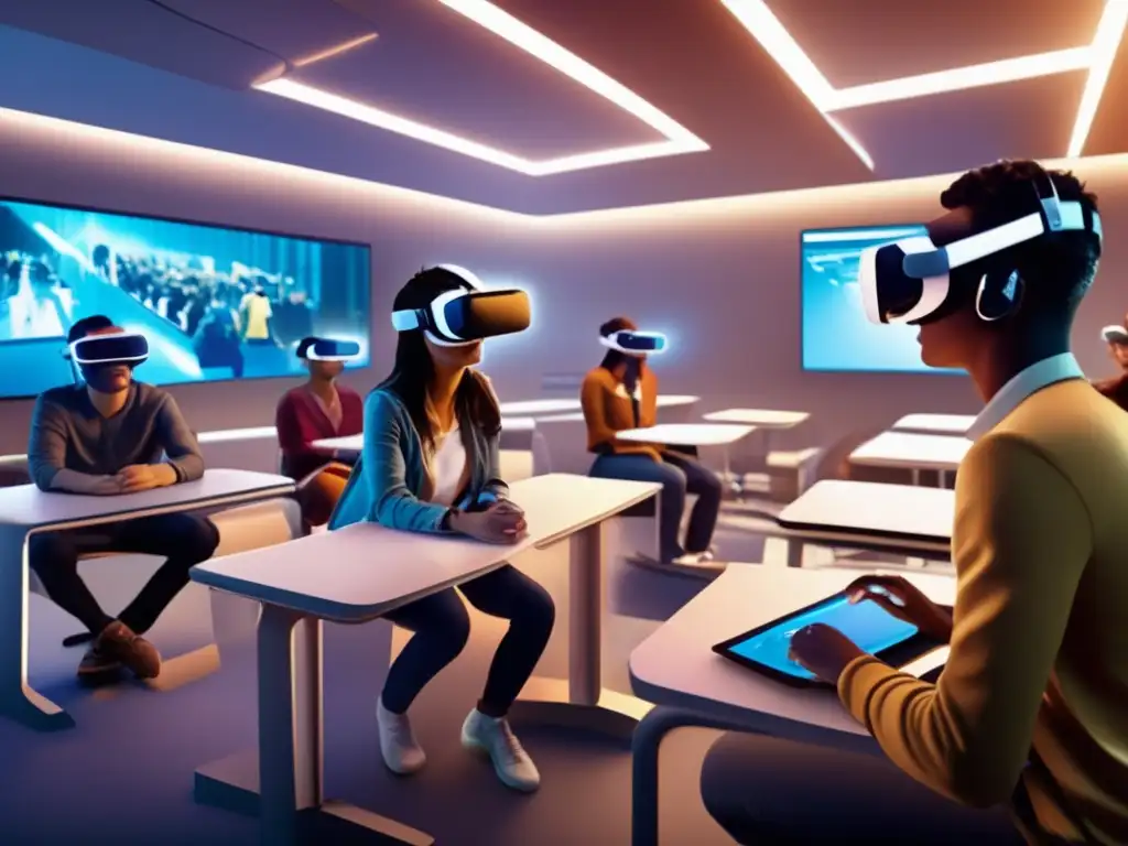 Un emocionante aula futurista, donde los estudiantes usan visores de realidad virtual y se sumergen en un entorno de aprendizaje gamificado