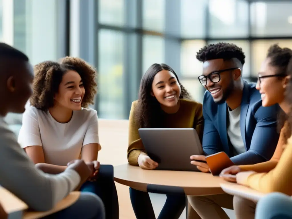 Estudiantes colaborando con herramientas digitales en un aula moderna Un emocionante círculo de estudiantes de diferentes orígenes, colaborando con herramientas digitales para adaptabilidad curricular