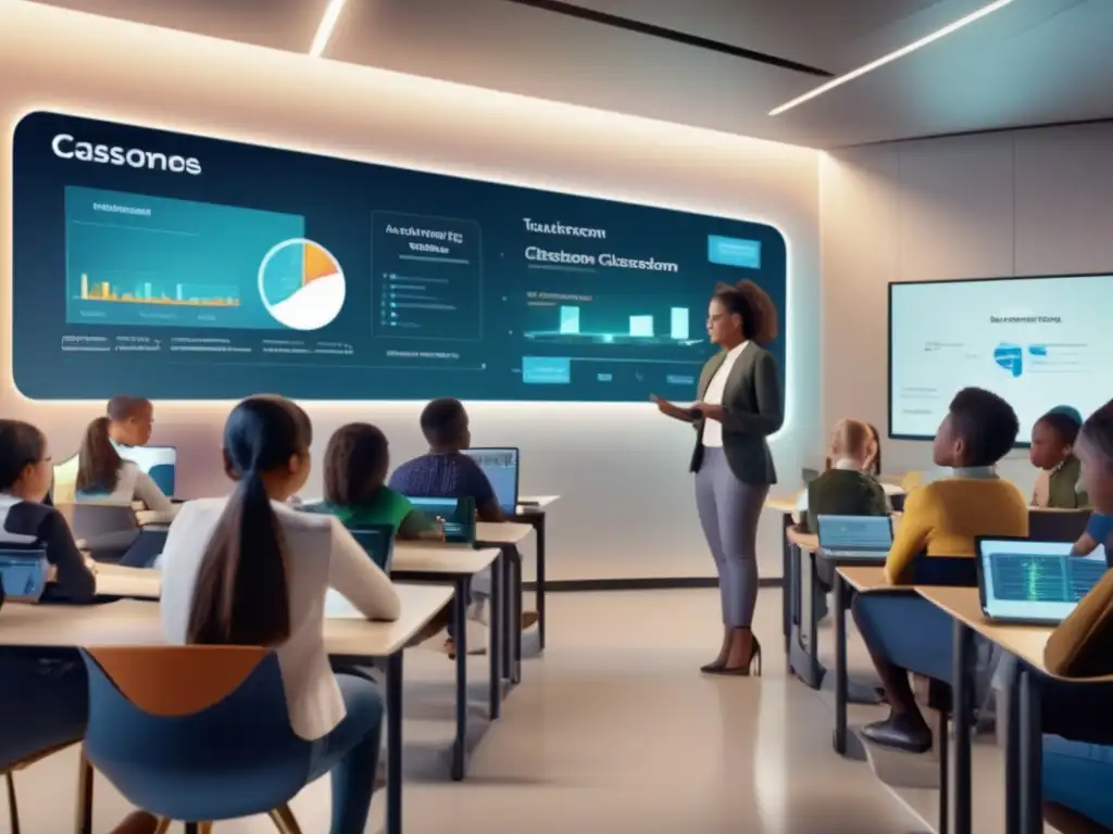 Un aula del futuro: tecnología avanzada y análisis de datos revolucionarios Una emocionante clase futurista con tecnología avanzada y herramientas de análisis de datos