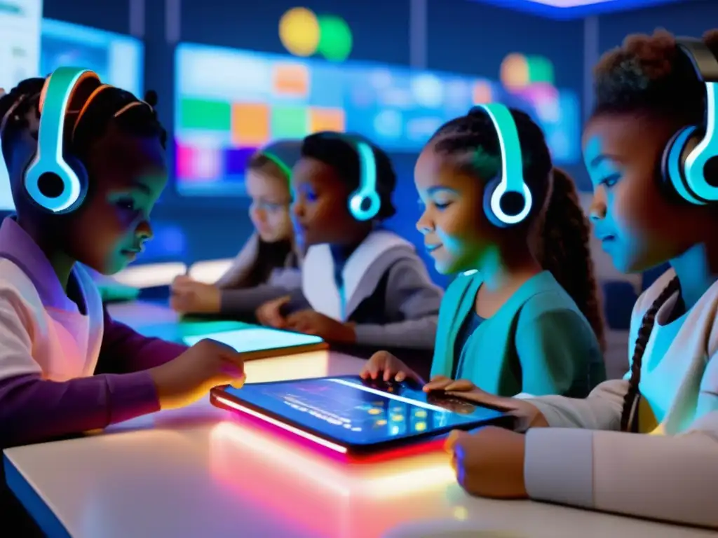 Un emocionante y detallado ambiente de aprendizaje, donde jóvenes estudiantes participan en una actividad neuroeducativa interactiva