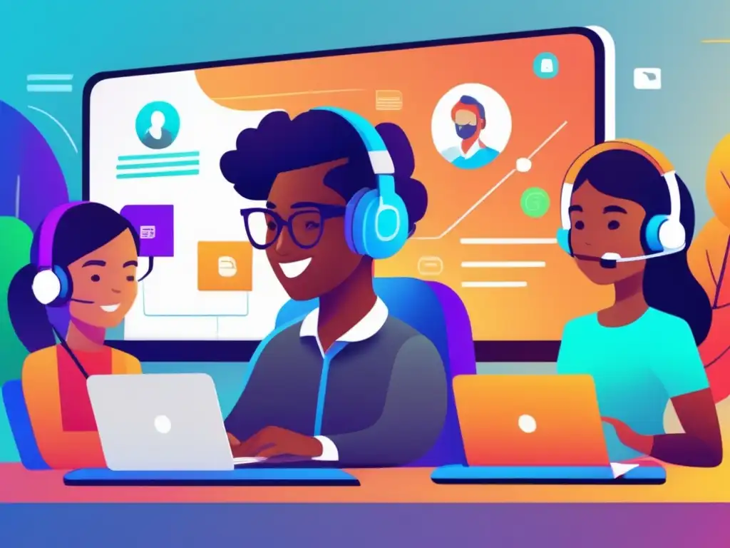 Un emocionante y dinámico encuentro virtual de estudiantes diversos participando activamente en una sesión de aprendizaje en línea