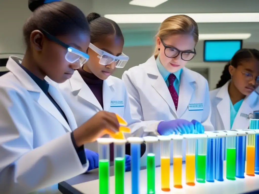 Un emocionante experimento de genética en un laboratorio moderno, con estudiantes concentrados bajo la guía de su maestro