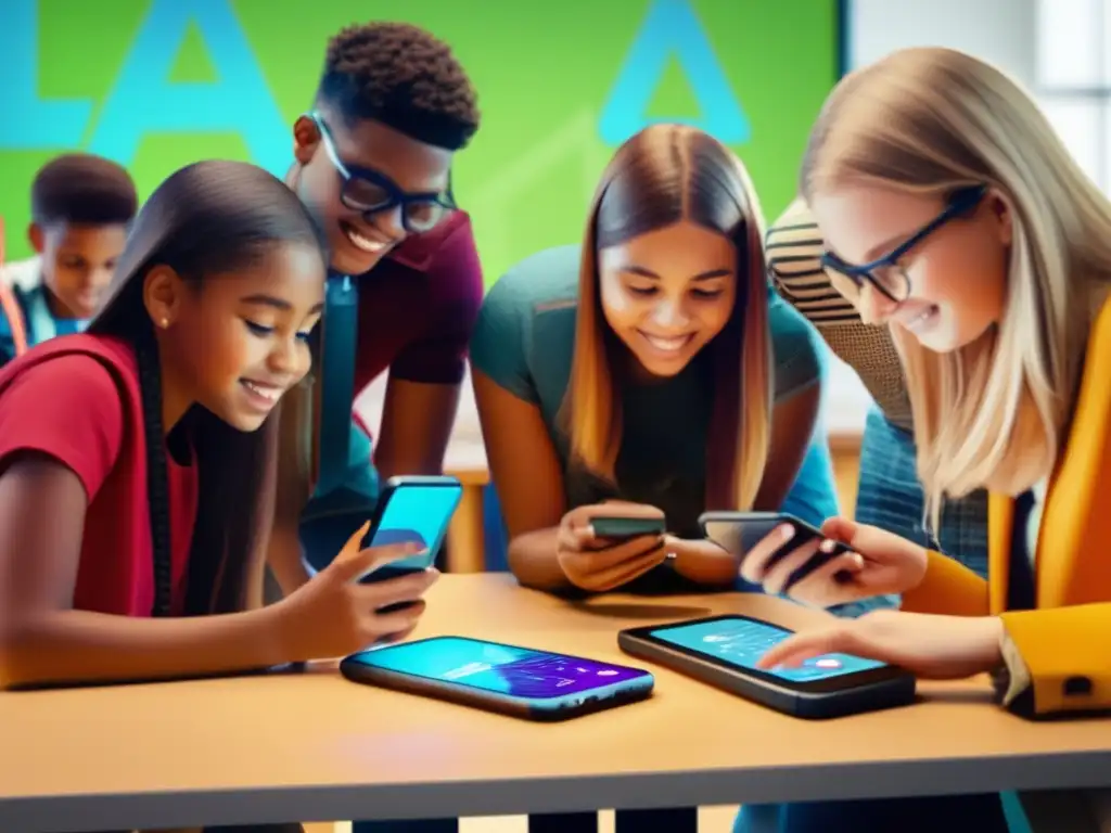 Descubre el futuro de la educación: estudiantes entusiasmados explorando una app de realidad aumentada Un emocionante grupo de estudiantes, con expresiones curiosas, utilizan smartphones para explorar Apps de realidad aumentada educativa