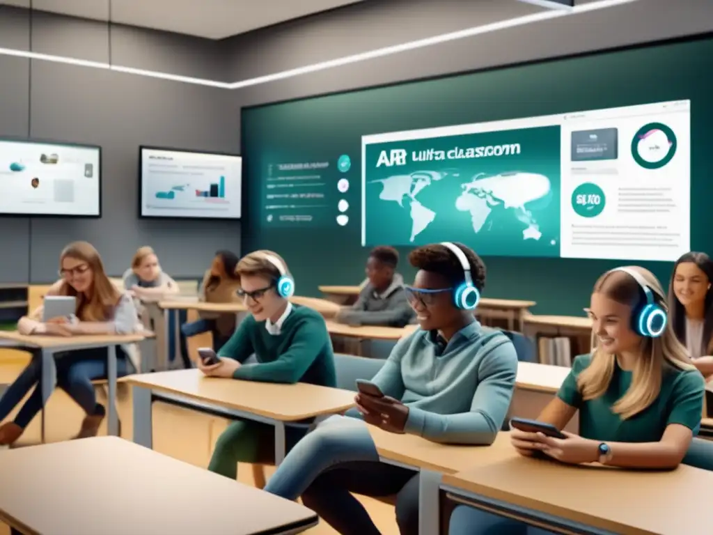 Transformación educativa: estudiantes inmersos en la realidad aumentada Una emocionante imagen 8k de un aula moderna con estudiantes usando smartphones, inmersos en una experiencia de realidad aumentada