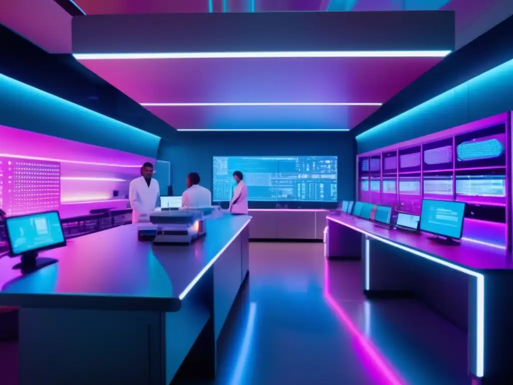 Un emocionante laboratorio futurista iluminado por luces de neón vibrantes