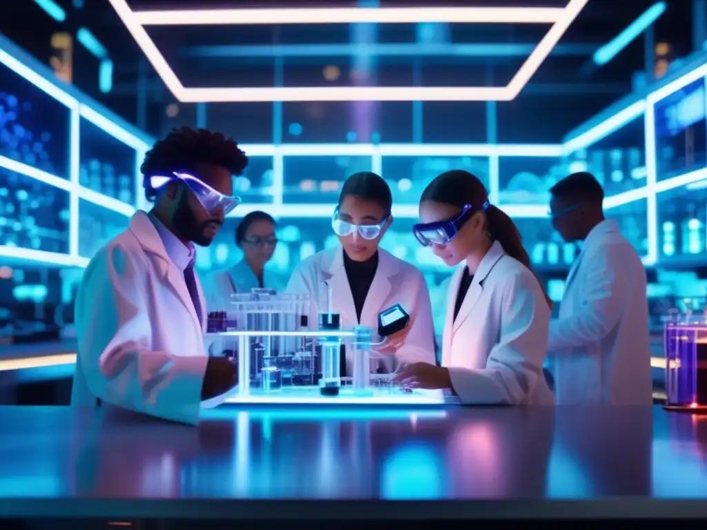 Experimento científico futurista: estudiantes descubriendo el futuro Un emocionante laboratorio futurista lleno de equipos científicos avanzados y luces neón brillantes