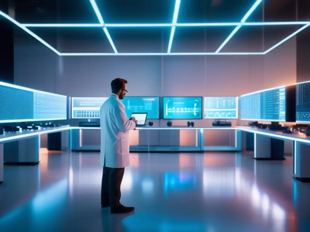 Un fascinante laboratorio futurista en 8k, mostrando la complejidad de la modelación molecular en química orgánica- Un emocionante laboratorio futurista de modelado molecular en Química Orgánica, con computadoras avanzadas y pantallas holográficas