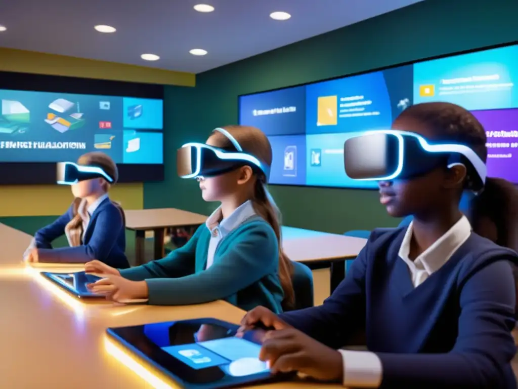 Un emocionante y moderno salón de clases con estudiantes usando visores de realidad aumentada, rodeados de pantallas holográficas de contenido educativo