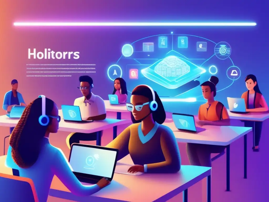 Estudiantes activos aprendiendo con IA personalizada Un emocionante y moderno escenario de tutorías de inteligencia artificial personalizadas, donde estudiantes diversos aprenden con tecnología futurista
