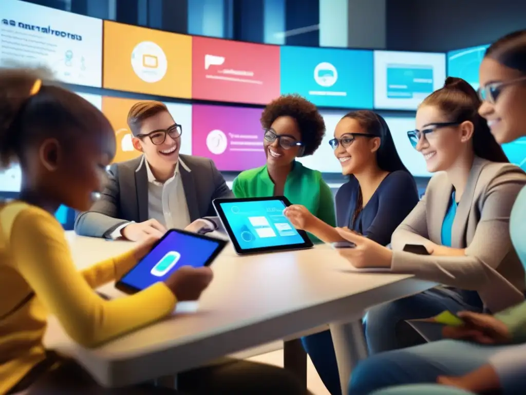 Educación adaptativa personalizada: rompiendo barreras académicas Un emocionante y moderno grupo de estudiantes se sumerge en la tutoría adaptativa personalizada con apps de alta tecnología