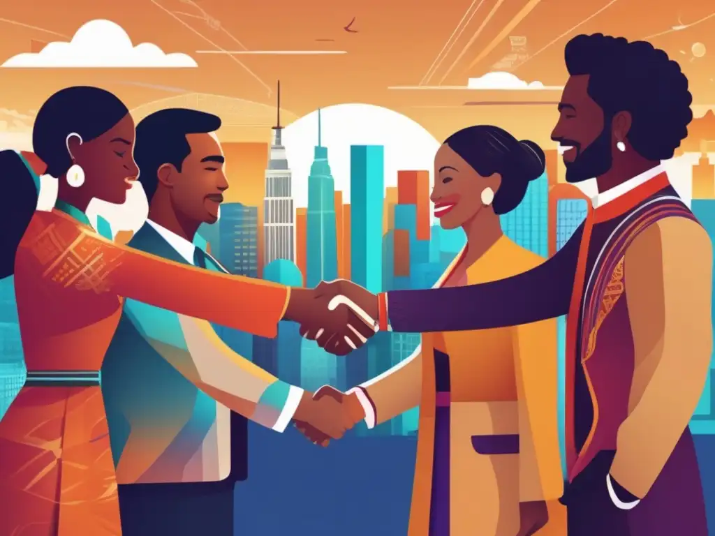 Un emocionante mural digital que representa la diversidad y la cooperación internacional en las Relaciones Interamericanas Siglo XX, con personas de diferentes países de las Américas, vestidas con atuendos tradicionales, dialogando y estrechando lazos en una ciudad contemporánea