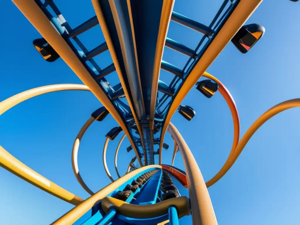 Un emocionante recorrido en una montaña rusa moderna suspendida en el cielo azul, capturando la energía potencial y cinética en acción