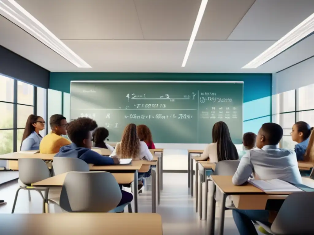 Un emocionante salón de clases donde estudiantes diversos participan con entusiasmo en una lección de matemáticas