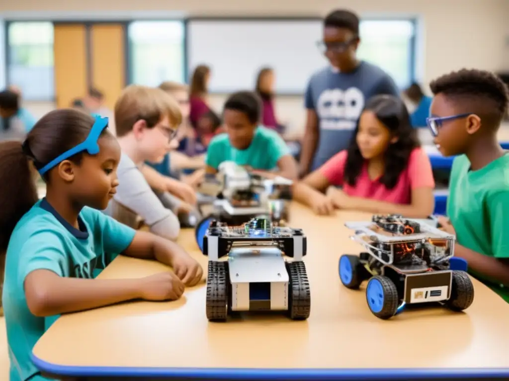 Jóvenes innovadores creando robots en emocionante taller de robótica Un emocionante taller de robótica con estudiantes de diversas edades, trabajando en equipo con entusiasmo y creatividad