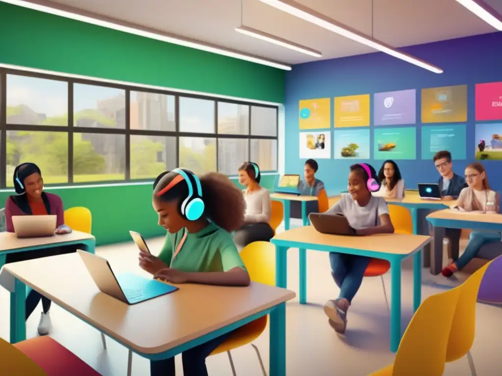 Inmersión en el aprendizaje de idiomas con realidad aumentada Un emocionante y vibrante entorno de aula moderna donde los estudiantes participan activamente en la enseñanza de idiomas con realidad aumentada