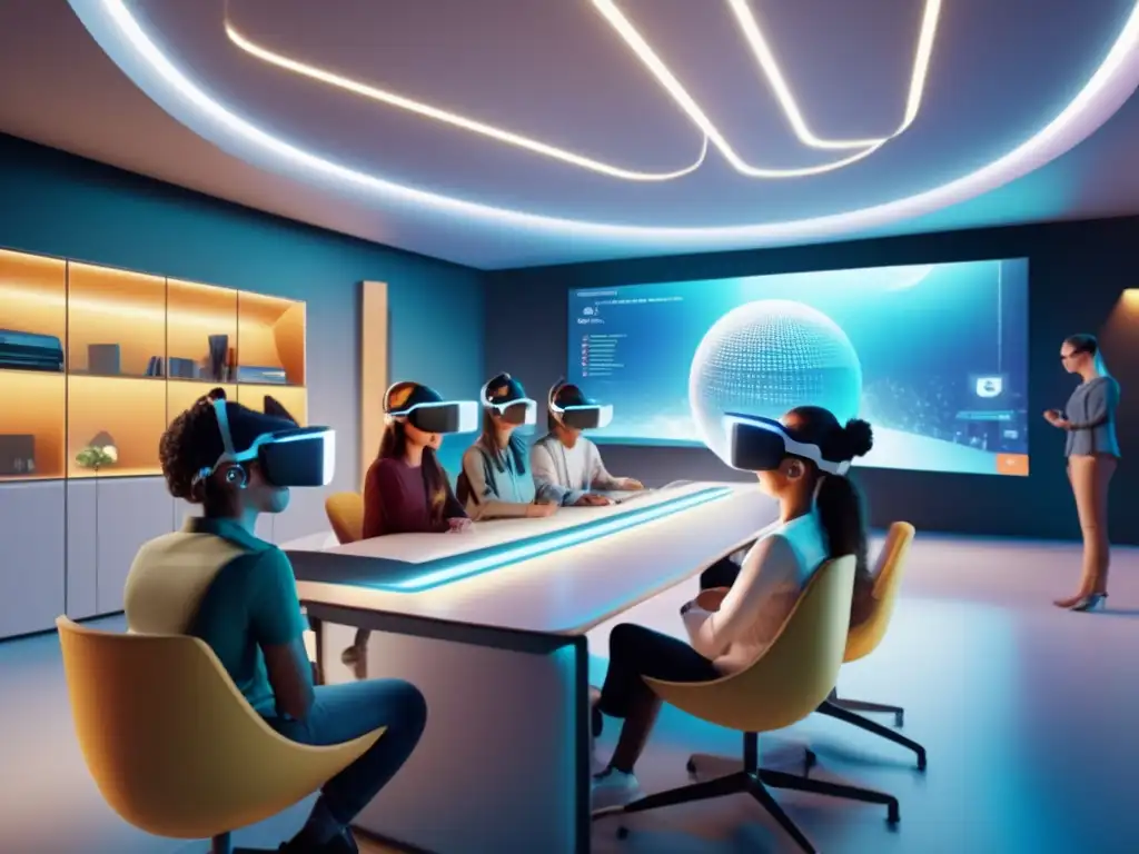 Revolución educativa: Aprendizaje de idiomas en realidad virtual Enseñanza de idiomas en realidad aumentada: una imagen impresionante de un aula futurista con estudiantes inmersos en un mundo virtual