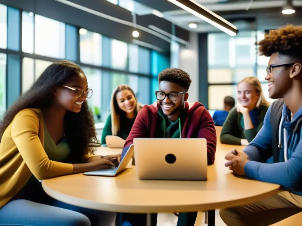 Un entorno de aprendizaje vibrante y moderno, donde estudiantes diversos colaboran y utilizan dispositivos para aprender