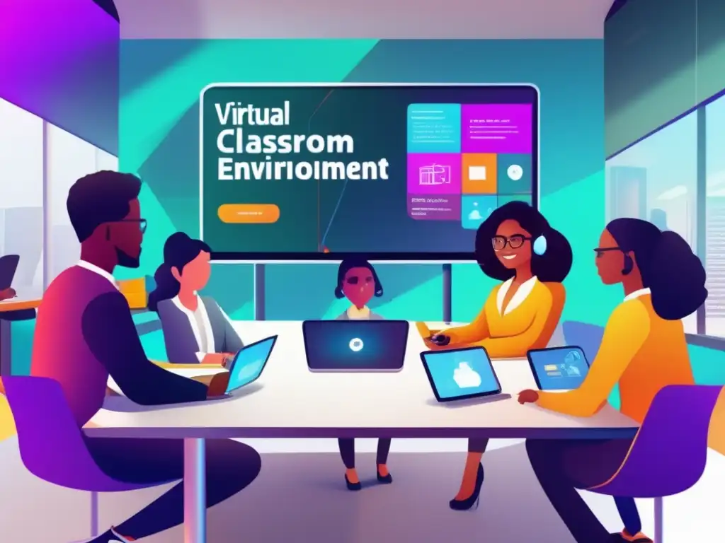 Un aula virtual innovadora y vibrante: la educación del futuro Un entorno vibrante y moderno muestra una aula virtual