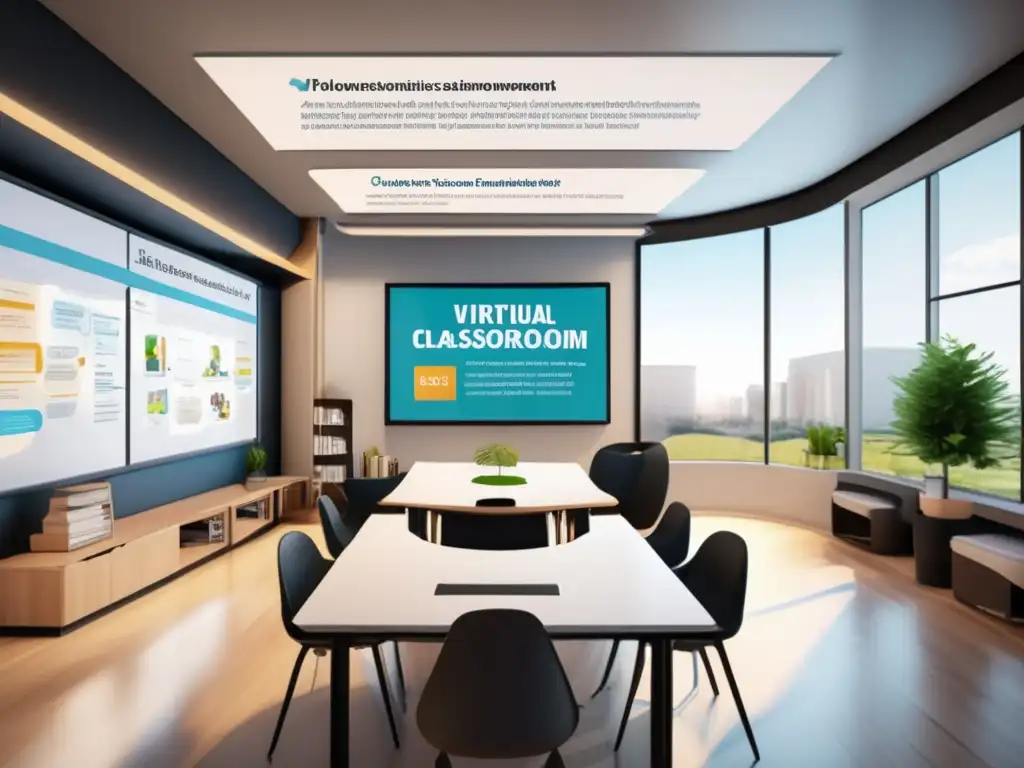 Un aula virtual moderna: tecnología y ambiente educativo en armonía Un entorno virtual de aula detallado y moderno