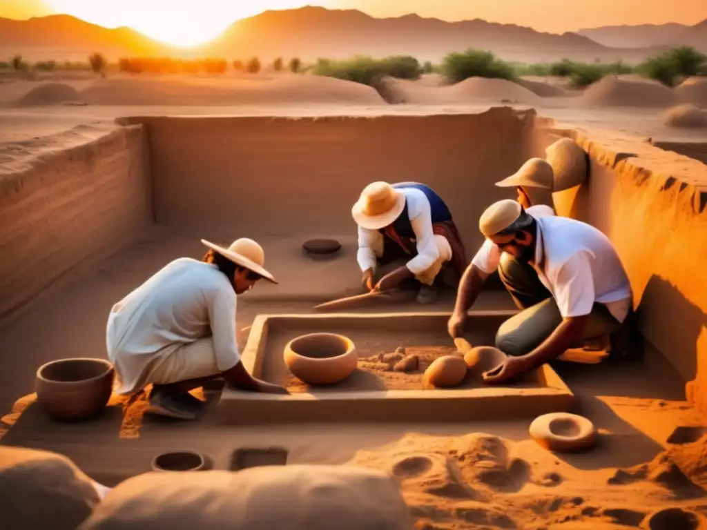 Un equipo de arqueólogos excavando artefactos antiguos en el Valle del Indo al atardecer, revelando los misterios de una cultura perdida