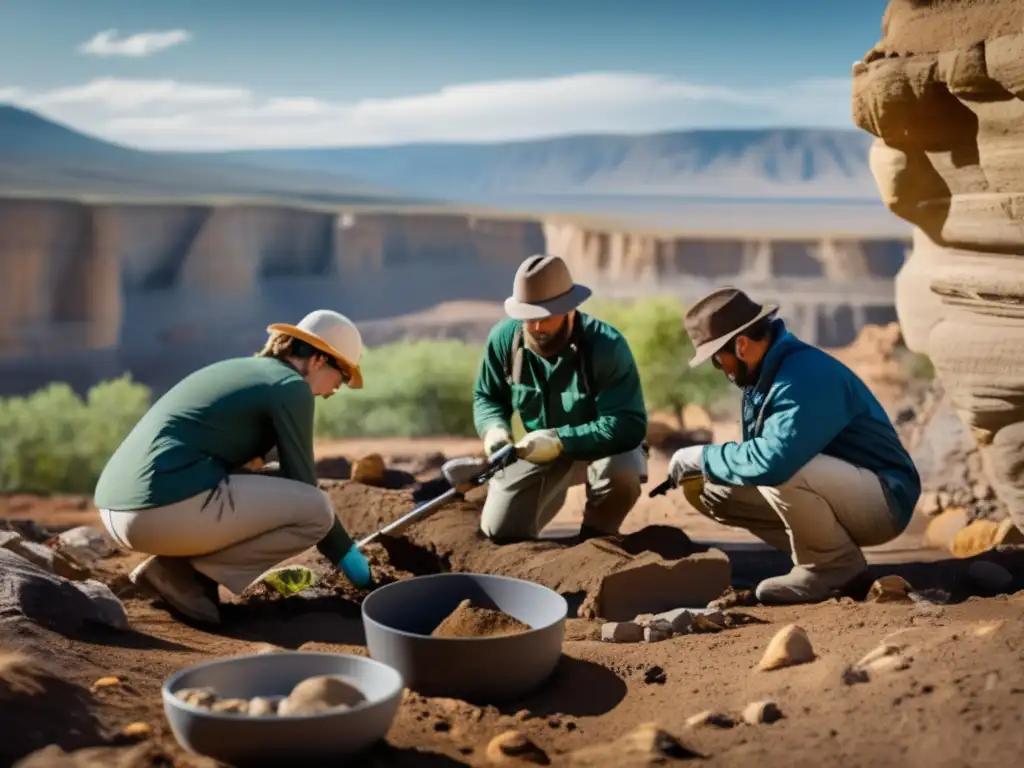 Un equipo de paleobiólogos excava con cuidado un yacimiento fósil en terreno rocoso, resaltando la importancia de la paleobiología en la investigación