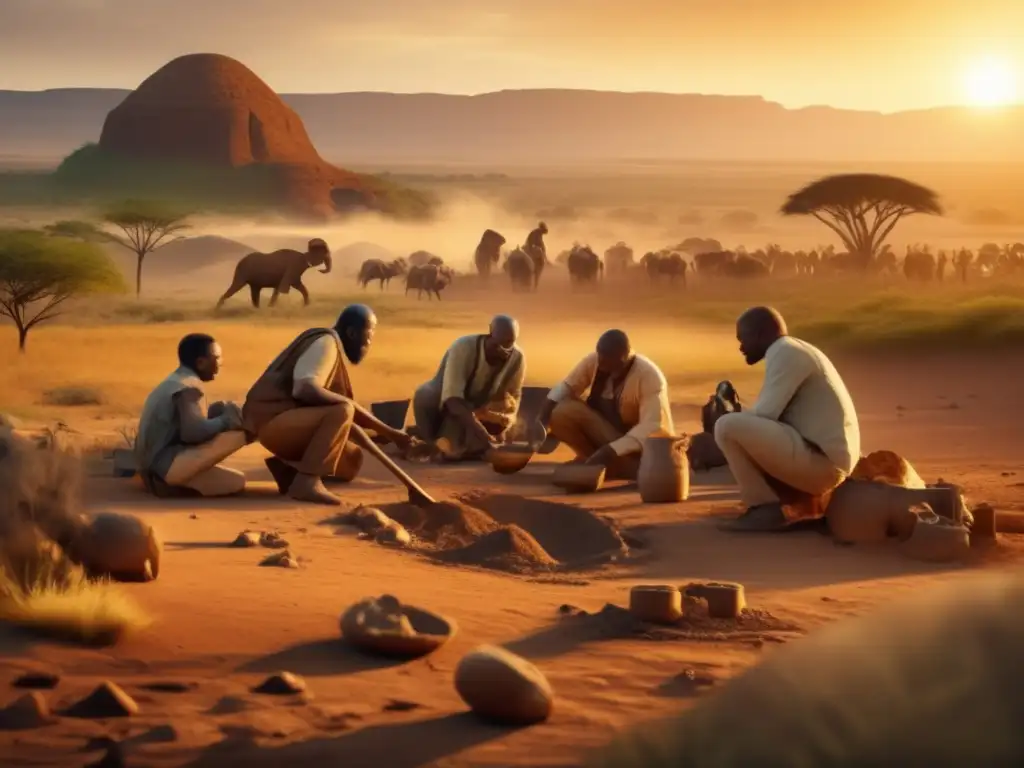 Un equipo de paleoantropólogos expertos en evolución humana excava un fósil mientras el sol baña la savana africana en oro