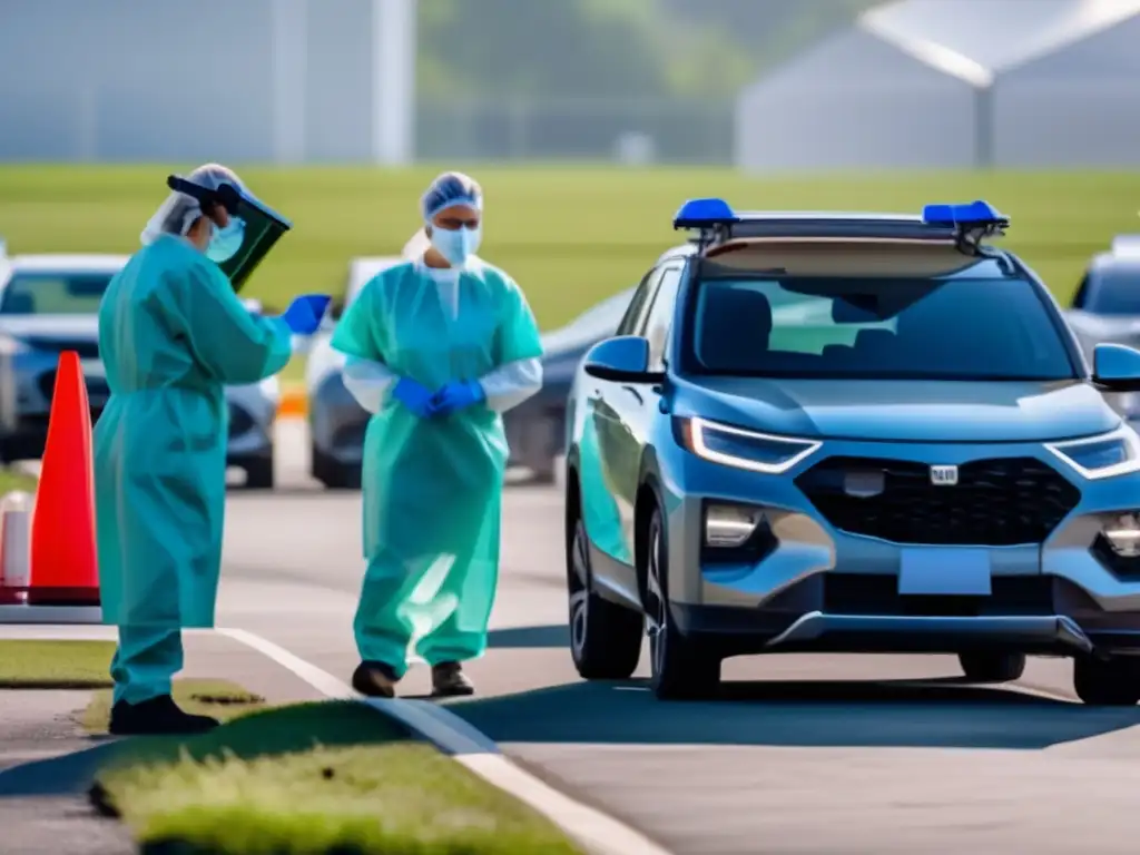 Un equipo médico en trajes de protección completo realiza pruebas de COVID-19 en un sitio de pruebas en automóvil, con una fila de autos esperando