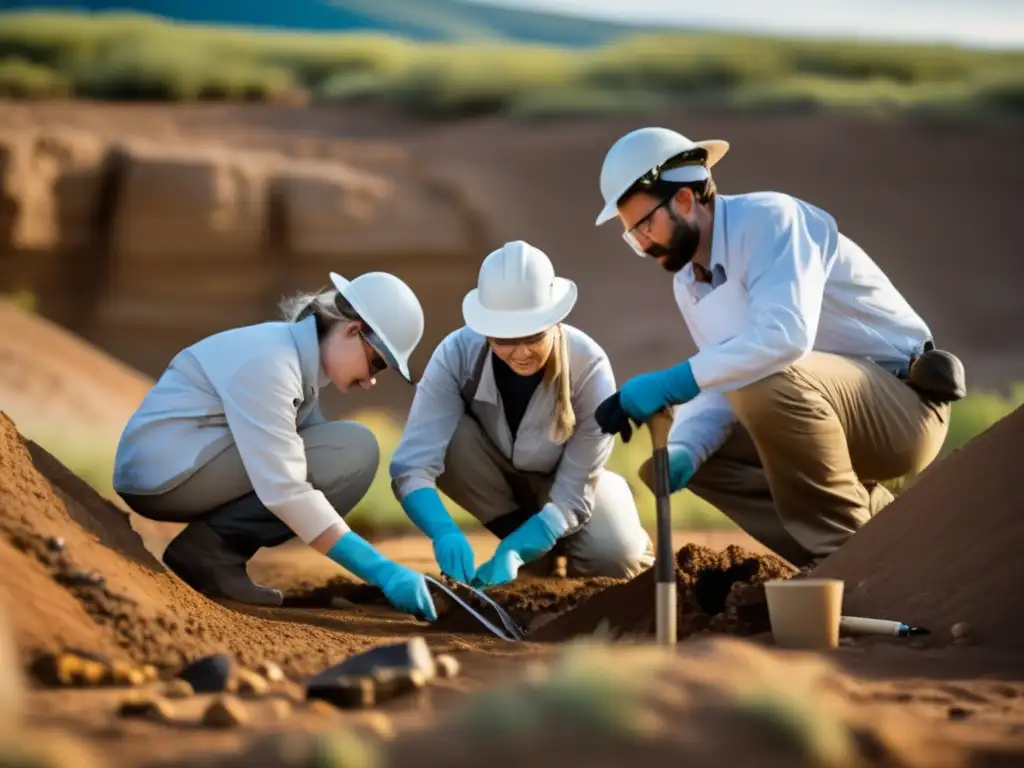 Un equipo de paleobiólogos excavando restos fósiles con cuidado y tecnología avanzada, resaltando la importancia de la paleobiología en la investigación