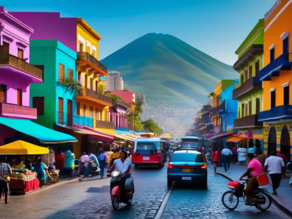 Una escena bulliciosa de una ciudad latinoamericana, con edificios coloridos y gente en las calles