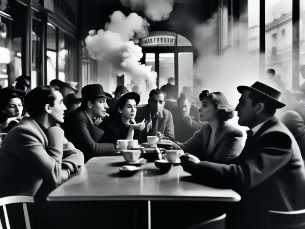 Una escena de café parisino en blanco y negro, con humo de cigarrillos y un ambiente misterioso y caótico