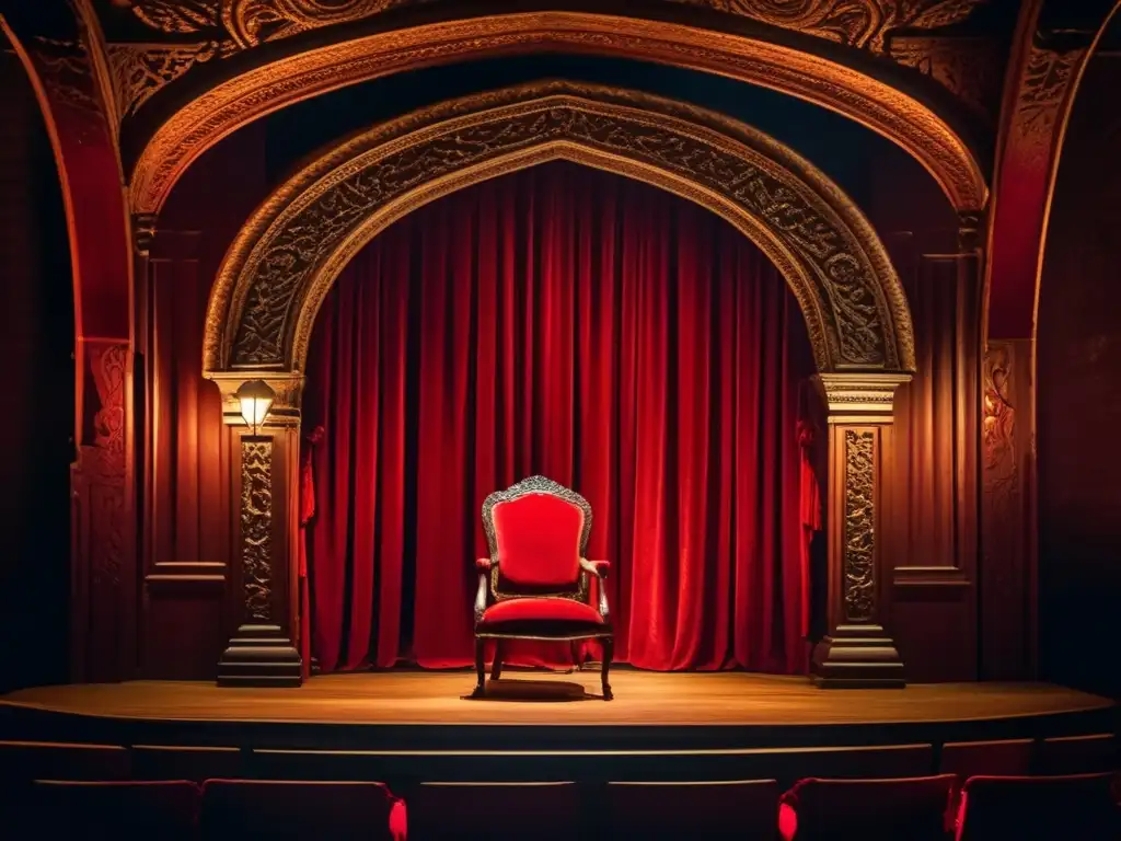 En el escenario del teatro, una silla de madera desgastada brilla bajo un foco solitario, rodeada por la oscuridad y la expectación