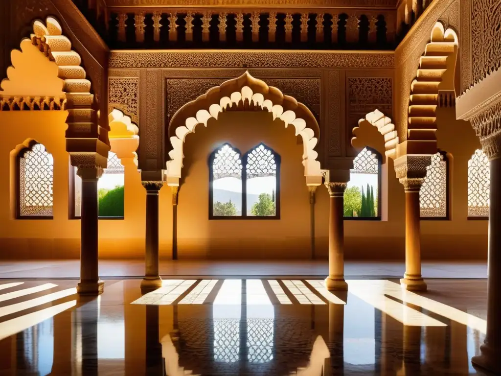 Captura la esencia de la Alhambra en Granada, España, con sus intrincados patrones islámicos y juego de luces y sombras